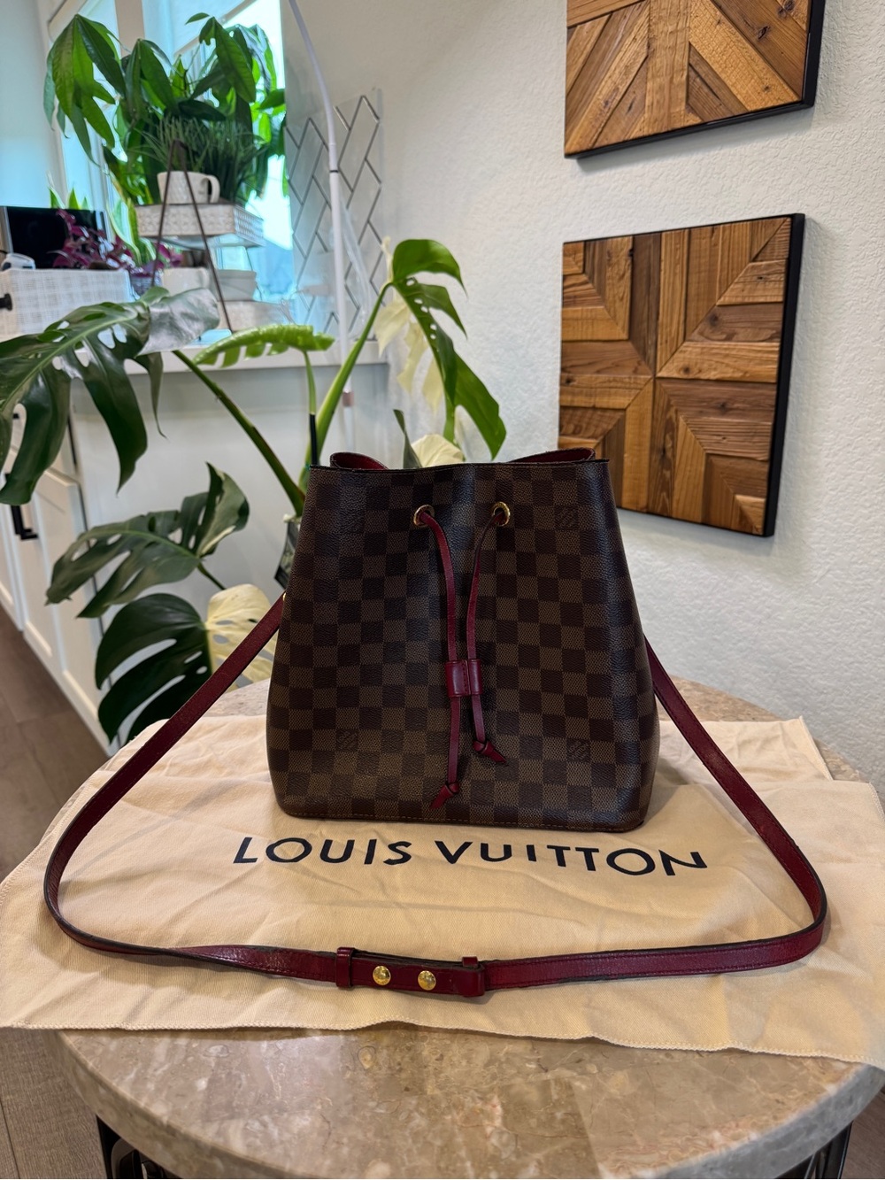 Louis Vuitton Brown Damier Ebene with Burgundy Trim Shoulder Bucket Bag